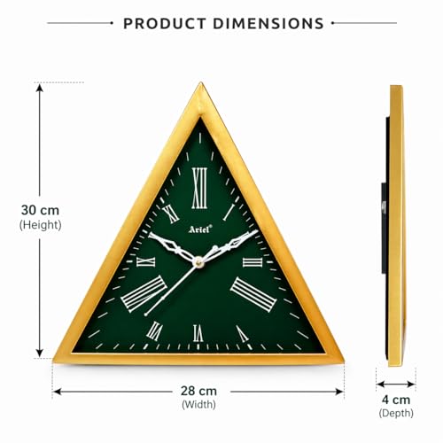 Image of Triangle Analog Wall Clock 30 cm | Green Dial Gold Frame | Roman Number Display | Quartz Battery Operated Decorative Piece for Home Office Bedroom Living Room