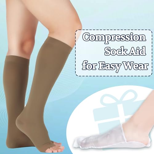 Image of Lin Performance Medical Compression Socks for Women and Men, 20-30 mmHg Open Toe Knee High Stockings, Leg Support for Daily & Travel Comfort (L,Khaki)