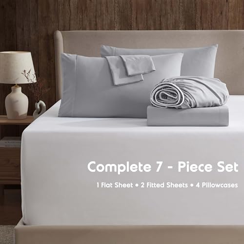 Image of Nestl Extra Deep Split King Sheet Set - 7 Piece Breathable & Cooling Sheets - Hotel Luxury Bedding Set w /18-24 Inch Deep Pockets - Easy & Secure Fit - Super Soft, Wrinkle Free & Comfy - Grey