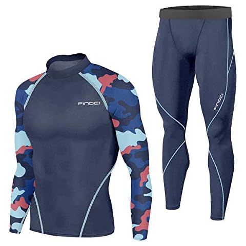 1Bests Men's Running Fitness Cooling Sportswear Camo Compression Short-Sleeved Shirt + Pants Sets (XXXL, Black Grid), New Camo Dark Blue, 3X-Large Cover