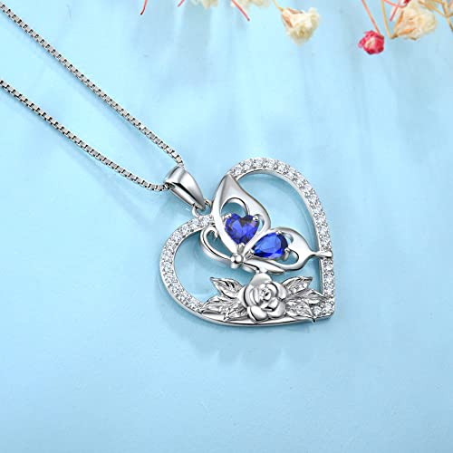 Yl Women's Butterfly Necklace 925 Sterling Silver Flower Rose Pendant Created Sapphire Halo Jewelry #TOP4
