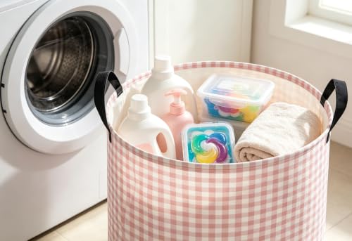 Image of 19.7 inch Laundry Basket,Dirty Clothes Hamper,Waterproof Storage Bin,Room Decor,Gift Baskets(Little Pink Grid)