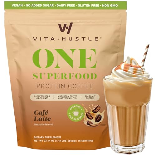 VitaHustle ONE Protein Coffee - Superfood Meal Replacement Powder, Plant Based Protein Shake Powder, Vegan. Superfoods, Vitamins, Ashwagandha, Functional Mushroom Blend (Cafe Latte) 15 Servings