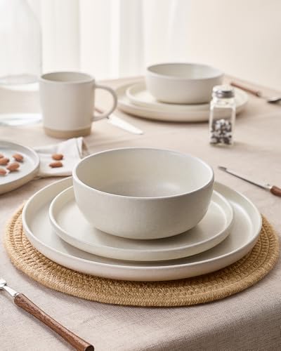 Image of Famiware Milkyway Stoneware Dinnerware Sets with Mugs, Service for 4 (16 Pieces), Reactive Glaze Plates and Bowls Sets, Microwave and Dishwasher Safe Dishes Set, Matte Beige White