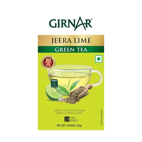 Image of Girnar Jeera Lime Green Tea Bags - Green Tea with Natural Cumin (Jeera) & Lime Flavor, 25 Tea Bags | Refreshing Herbal Infusion for Digestion & Metabolism Support