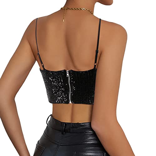 Haoohu Women's Sparkly Sequin Spaghetti Strap Crop Top Sleeveless V Neck Rave Tank Vest Clubwear3