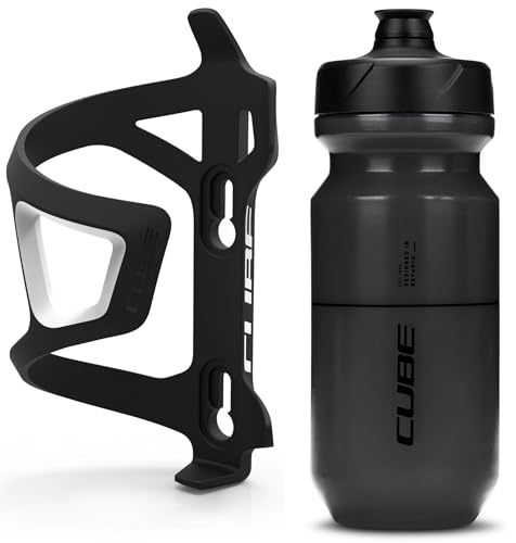 Cube HPP Right Side Loading Cage - Black & Flow Bottle - Black, 500ml / Lightweight Bicycle Cycling Cycle Bike MTB Mountain Road Water Drink Flask Bidon Bracket Mount Holder HPA HPP Set Accessories