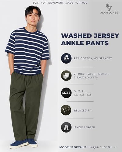 Image of Alan Jones Clothing Mens Washed Jersey Cotton Ankle Pants | Soft Stretch Jersey Cotton | Elastic Waist with Drawstring