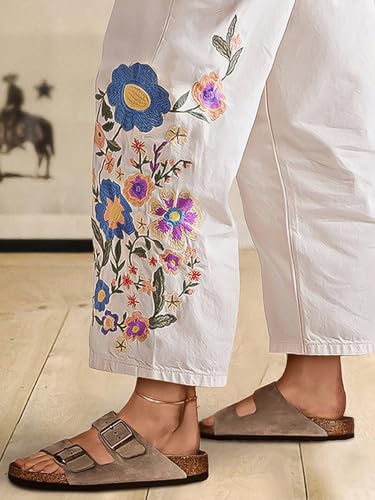 Flamingals High Waisted Cotton Straight Leg Pants for Women Boho Floral Embroidery Summer Pants3
