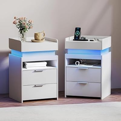Nightstands Set of 2, LED Night Stand with Gun Drawer, Smart Nightstand with Hidden Charging Station, Modern Beside Table with USB and Type-C Port for Bedroom (White)
