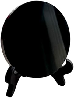 Black Obsidian Scrying Mirror 3.15 in (80 mm) Natural Obsidiana Negra Crystal Disc Plate with Stand, Feng Shui Alchemy Meditation Tools for Spiritual Practices Healing Yoga Divination Home Desk Decor