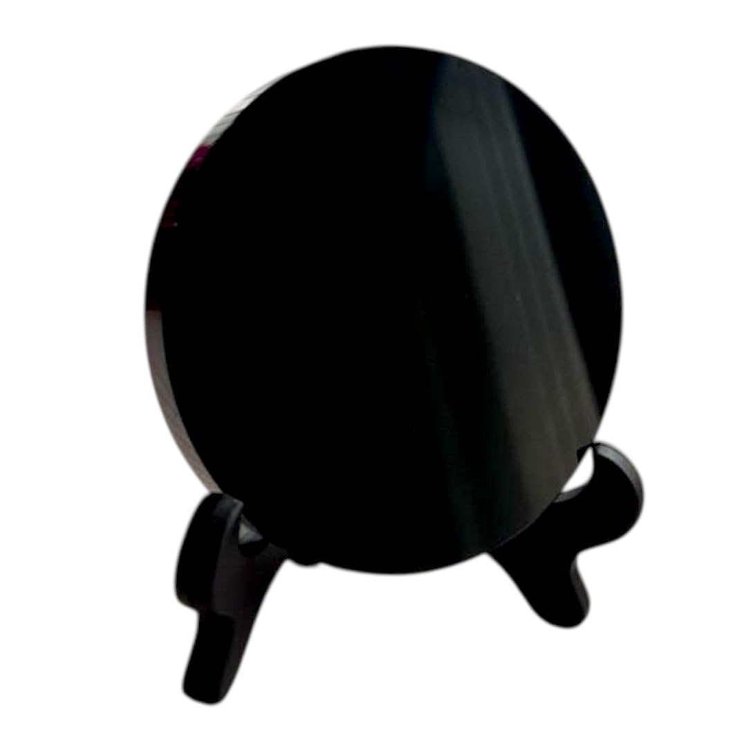 Black Obsidian Scrying Mirror 3.15 in (80 mm) Natural Obsidiana Negra Crystal Disc Plate with Stand, Feng Shui Alchemy Meditation Tools for Spiritual