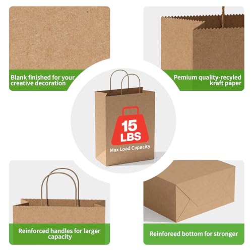 Image of Simple Deluxe 100 Pack Kraft Paper Bags with Handles 10x5x13 - Made in USA -15 Lb Max Load - 100% Recycled Natural Brown Shopping Bags for Retail, Gifts & Merchandise (Premium 90GSM)