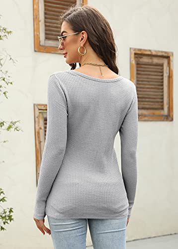Image of Farktop Womens Long Sleeve Tops Henley V Neck Lightweight Pullover Sweaters | Casual, Loose Fit, Fall, Winter, Warm, Waffle Knit Shirts
