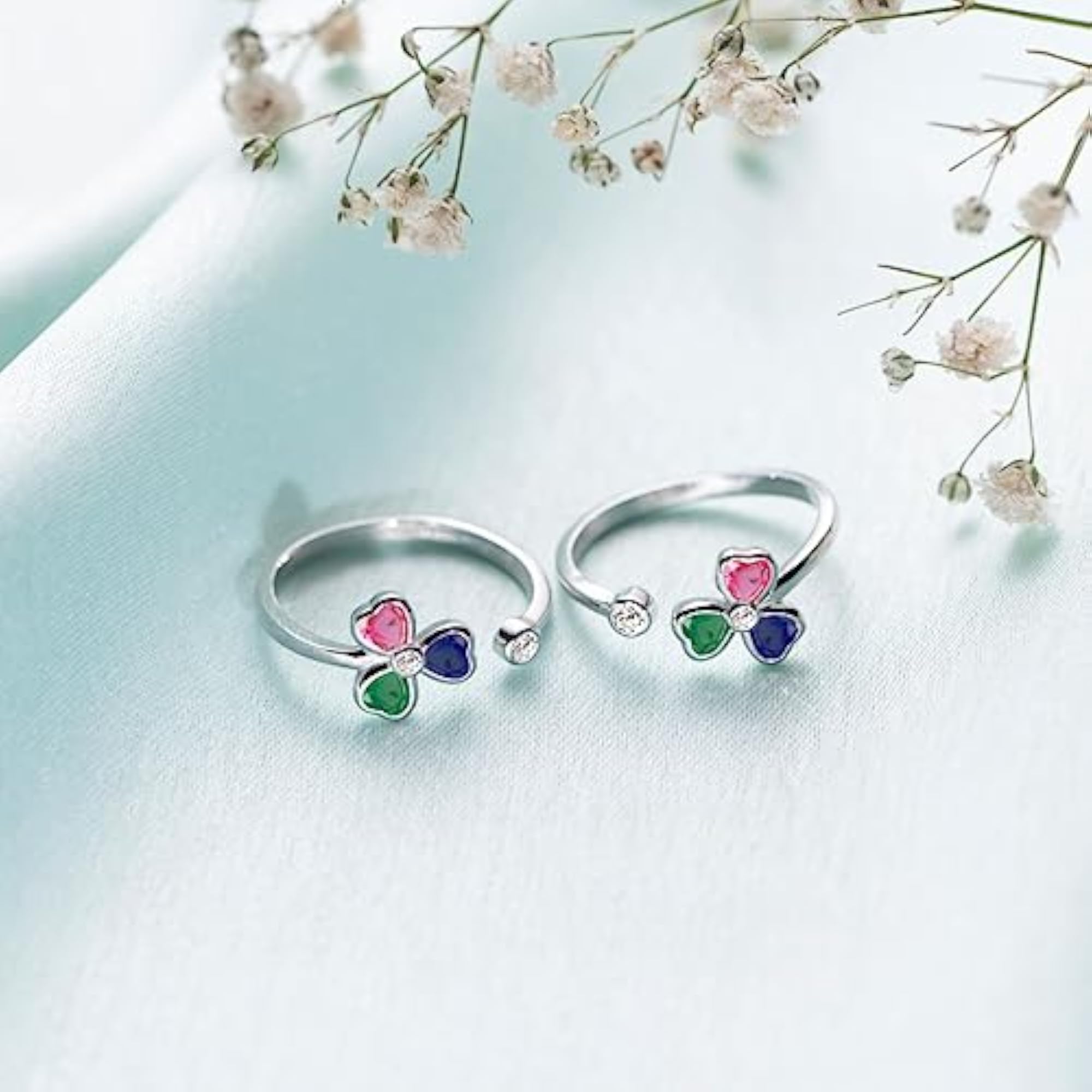 925 Sterling Silver Multicolour CZ Floral Lucky Clover Adjustable Toe Ring