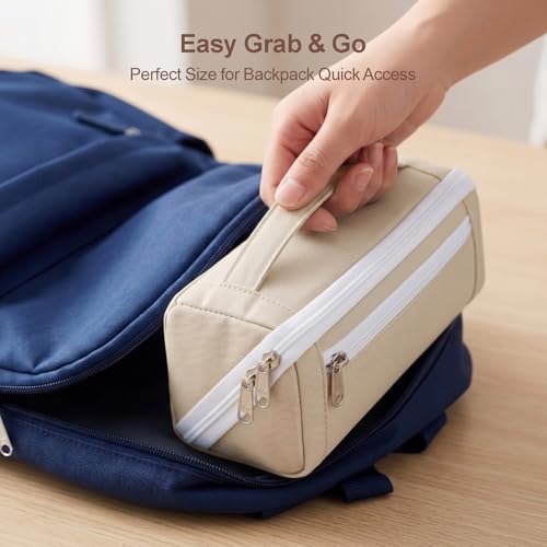 Image of Large Pencil Pouch for Teen Girls, 8 Compartments, Cream White | Large capacity pencil case, wide-opening organizer fits calculators, markers, pens; for middle school, high school, college