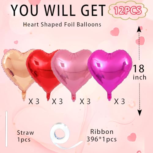 Image of Rose Gold & Red Heart Balloons，18 Inch Purple Foil Love Heart Shaped Balloons for Bridal Wedding Engagement Party Anniversary Birthday Baby Shower Valentines Decorations 12Pcs