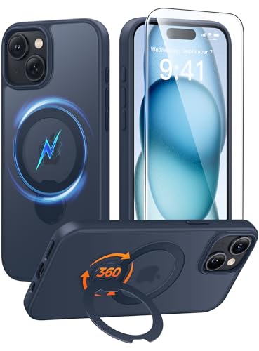 Image of FNTCASE for iPhone 15 Plus Case: iPhone 14 Plus Phone Case [360 Spin Magnetic Stand] [Compatible with Magsafe] [Screen Protector] Translucent Matte Military Grade Shockproof Phone Cover - Deep Blue