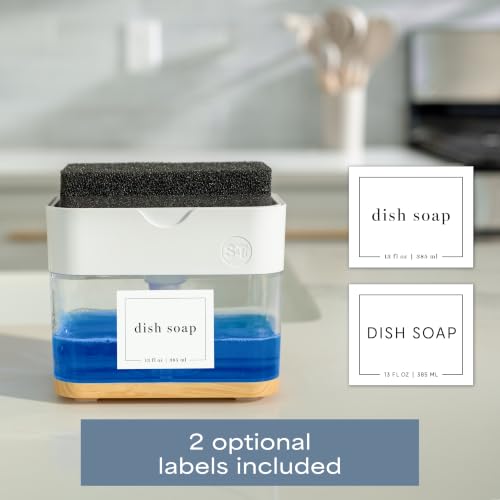 Image of S&T INC. Dish Soap Dispenser and Sponge Holder, Plastic Bamboo and White