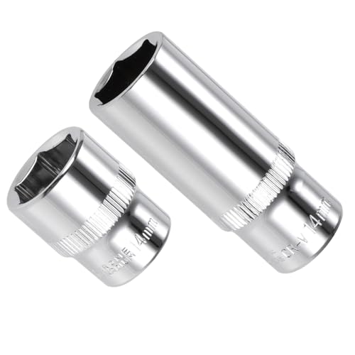 Image of 6-Point Socket, 1 /4 inch Drive 14mm Deep, Polished Chromed CR-V Metric Deep and Shallow Impact Socket - (Applications: for Ratchet Torque Electric Wrenches Car Repair), 2-Pieces
