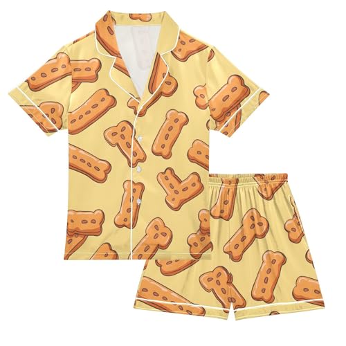 ALAZA Biscuits Yellow Satin Pajamas Set Short Sleeve Button Down Sleepwear Summer Pjs 2 Piece