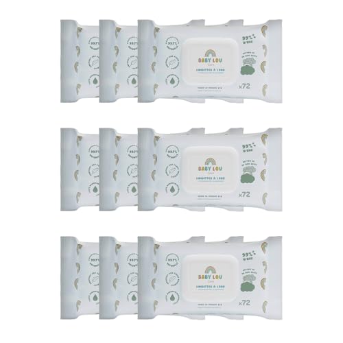 BABYLOU CARE | Toallitas de agua 9 x 72 bolsitas | Toallitas suaves y calmantes para bebés | Apto para pieles sensibles | 99,7% de ingredientes de origen natural | Made in France