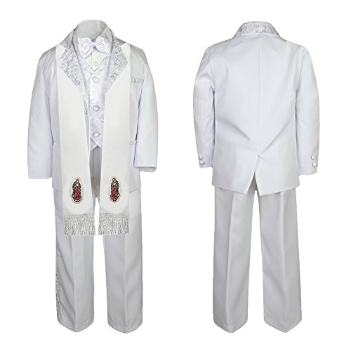 Image of Baby Boy Teen Christening White Paisley Suit Gold Guadalupe Mary on Stole SM-20