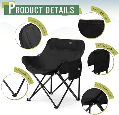 Image of Folding Camping Chair for Adults with Carry Bag, Portable Outdoor Moon Chair, Heavy Duty Steel Frame & Nylon Base Fabric for Camping, Beach, Fishing, Picnic, Lawn & Travel (Khakhi) (Black)