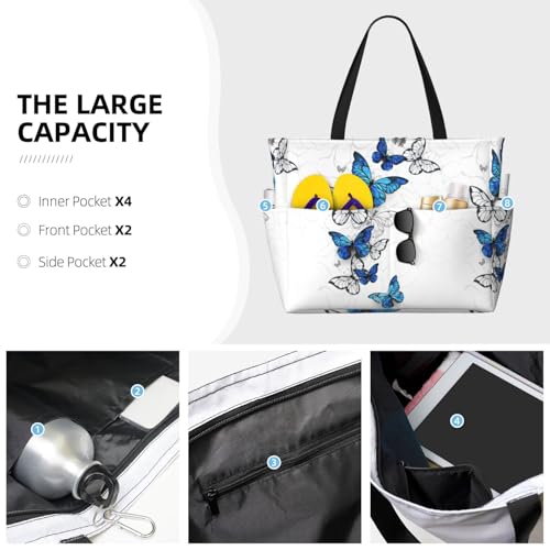 Blue Flying Butterflies Print Large Beach Tote Bag for Women Extra Large Capacity Sandproof Waterproof Pool Bag Suitable for Swimming Pool Gym Groceries Travel3