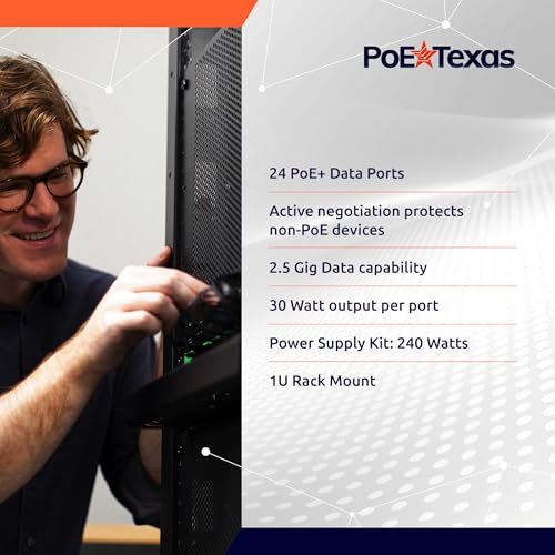 Image of PoE Texas 24 Multi Port IEEE 802.3at PoE+ Injector - Gigabit Data Active Power Over Ethernet for High Powered Devices, 30W PoE Injector for WiFi Access Point & More with 2X 56V 120W Power Supplies