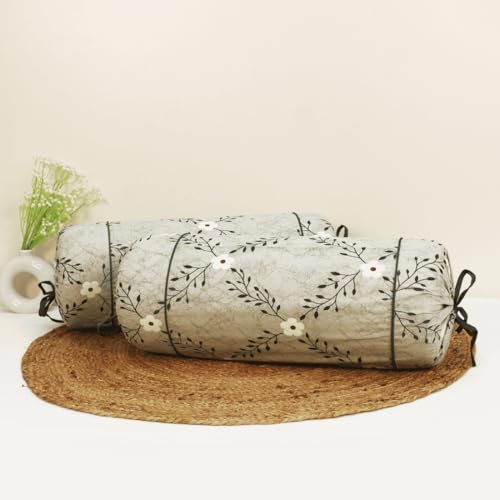 Image of AURAVE Cotton Printed Floral Bolster Cover with Drawstring Closure, Set of 2, Soft Breathable Durable Machine Washable for Sofa Bed & Home Decor, 15 inchx30 inch, Grey | Cover Only