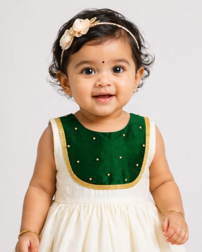 Image of Stanwells Kids Dress for Girls Embroidery Knee Length Traditional Applique Kerala Ethnic Frock for Baby Girls Zipper Beautiful Sleeveless Birthday Dress for Girls Cream & Green (4 Months-7 Years)