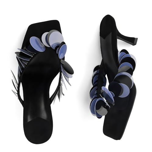 Image of Goolita Women's Suede Sequin Kitten Heels Flip Flops Open Square Toe Strappy Thong Slide Heeled Sandals Comfort Prom Party Mules Heels