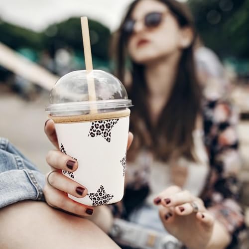 Image of Reusable Insulated Sleeve for Iced Coffee Cup, Coffee Neoprene Sleeve for Cold & Hot Drinks, Beverage Holder for Iced Coffee (Leopard Stars, Medium: 22-24oz)