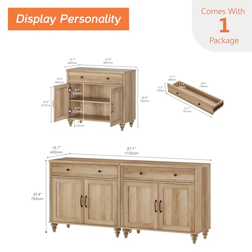 WAMAPT Buffet Cabinet with 4 Doors and 2 Drawers, Large Coffee Bar Table Wood Kitchen Storage Cabinets with Storage Cabinets, Modern Farmhouse Sideboard Credenza for Dining Room, Oak, 68 inch - Image 3
