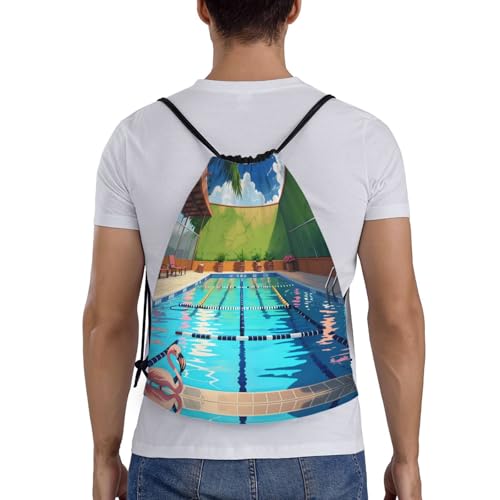 Small Drawstring Bag - Sport Flamingo and swimming pool Print Sackpack for Yoga, Dance, Travel, Hiking - Lightweight Storage2