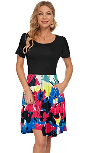 Auselily Women's Short Sleeve Pleated Loose Swing Casual Dress With Pockets Knee Length(2Xl,Black Colorful Tie Dye) #TOP3