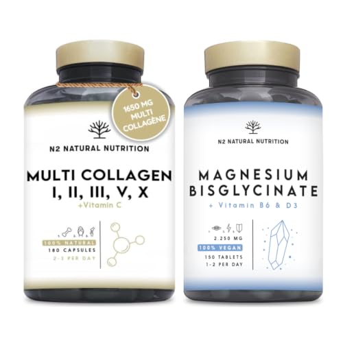 Multi Collagène Marin & Bovin 1650mg 180 Gélules + Magnésium Bisglycinate 450mg Vit B6 D3 150 Comprimés Vegan. N2 Natural Nutrition