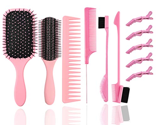 6 Pcs Hair Brushes Set, Detangling Paddle Brush with Soft Cushion + 9-Row Styling Brush Detangler Hair Brush, Nylon Bristles Brush for Separating, Shaping, Defining Curls, Blow Drying(Pink)