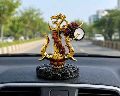 Image of Hindu Trishul Damroo Idol with Original Rudraksha | Small Murti for Car Dashboard, Home Decor, Office Table, Pooja | Spiritual Gift Item | 11 cm