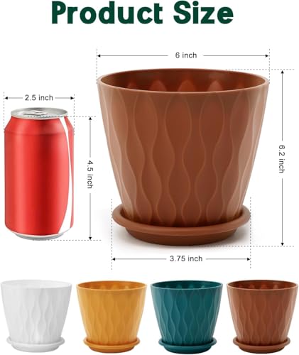 KAHEIGN 5 Pièces Pots de Fleurs en Plastique, 15CM Jardinière Anti-Racines Épais Pot de Jardin à Motif Ondulé avec Drainage Trou et Soucoupe pour Plantes Fleurs Herbes Succulentes Cactus (5 Couleurs) – Image 6