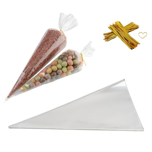 COOLAKE Cone Treat Bags with Gold Twist Ties 100Pcs