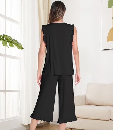 Image of NACHILA Bamboo Viscose Pajamas for Women Pleated Ruffle Tank Top Pjs Set