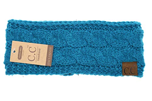 C.C Cable Knit Fuzzy Lined Sherpa Head Wrap Ear Warmer Ponytail Beanie (Teal)