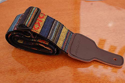 Music First Original Design, 2 Inch Width (5Cm), Classic Country Style Yarn-Dyed Fabric & Genuine Leather Delux Banjo Strap, With 2 Pieces Of Music First Leather Strap Locker. (Classic Country Style) #TOP6
