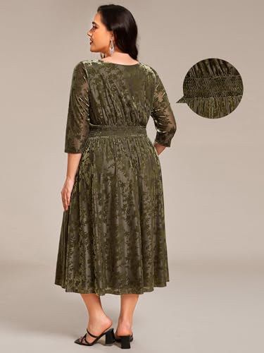 Ever-Pretty Women's 3/4 Sleeves Mid Jacquard Elastic Plus Size Velvet Casual Wedding Guest Dresses with Pockets 02284-DAPH2
