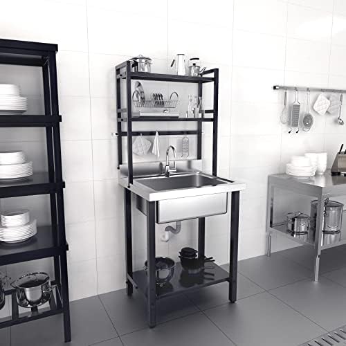 VINGLI 67"H Commercial Sink 304 Stainless Steel Sink with Adjustable Shelves and Hanging Rod with Hooks, Freestanding Utility Sink for Restaurant Kitchen Laundry Room Garage, Bowl Size 21"Wx16"Dx9"H