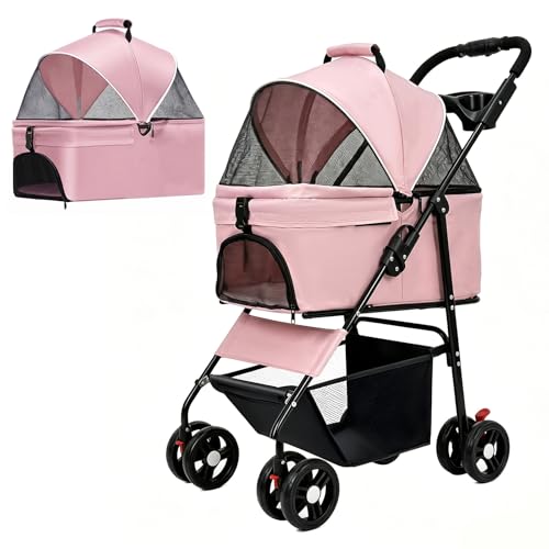 Pet Stroller for Small/Medium Dogs Cats 3 in 1 Dog Strollers Detachable Carrier Basket Breathable Mesh Storage Basket Cup Holder Weather Cover(Pink)