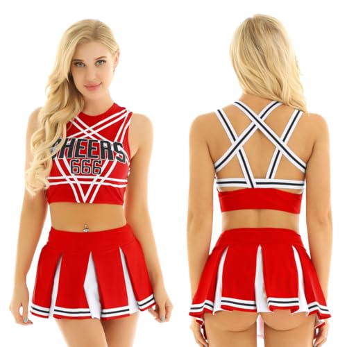 Lejafay Erotisches Cheerleader Kostüm Für Frauen Crop Top Und Sexy Plissierter Minirock Nachtclub Outfit Lingerie Set High School Verkleidung Rot L