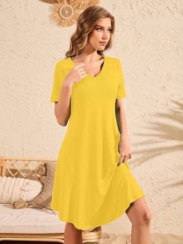 Image of DEARCASE Summer Dresses for Women V-Neck Short Sleeve T Shirt Dress Casual Flowy Swing Beach Vacation Mini Sundress